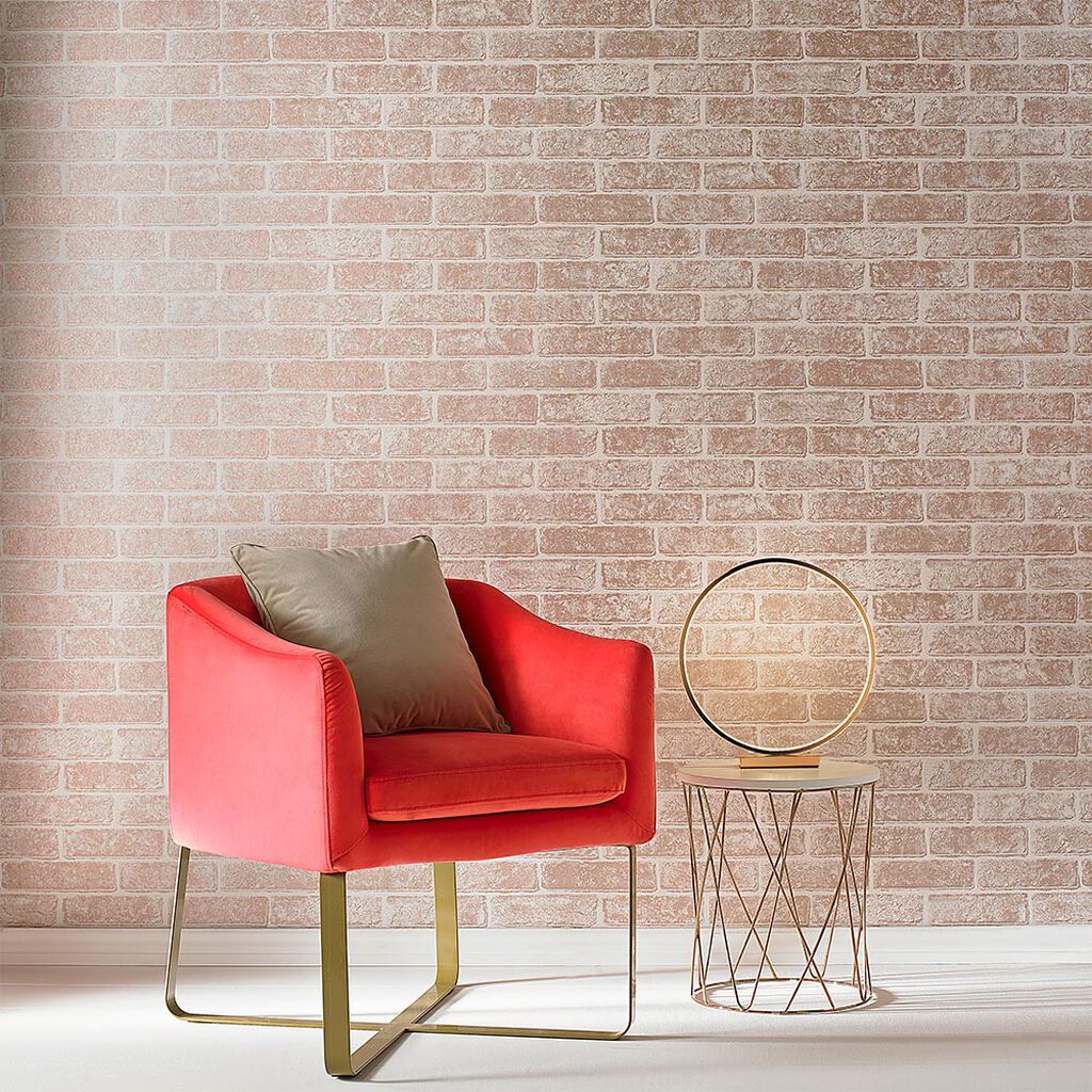 Metallic Brick Rose Gold White Wallpaper