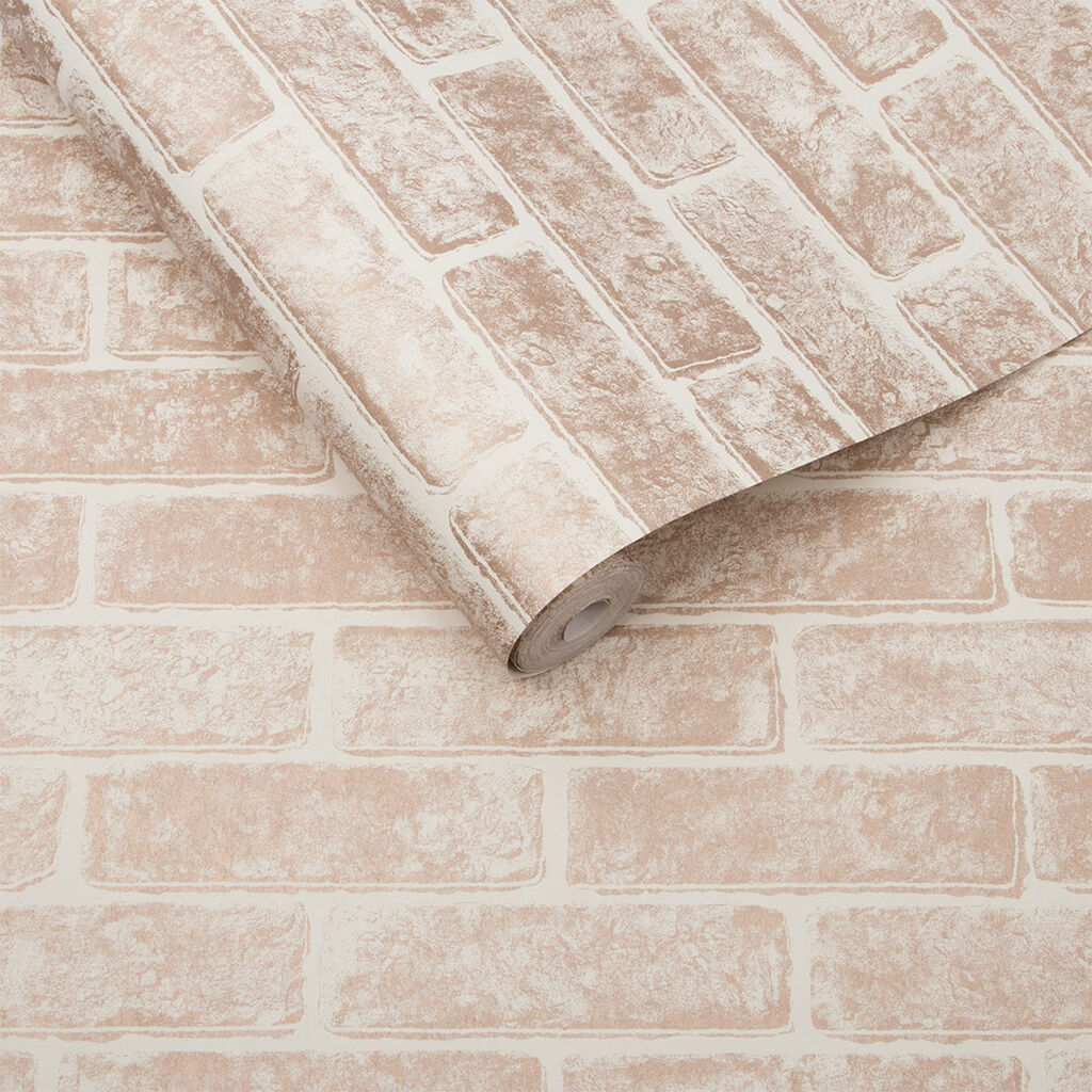 Metallic Brick Rose Gold White Wallpaper